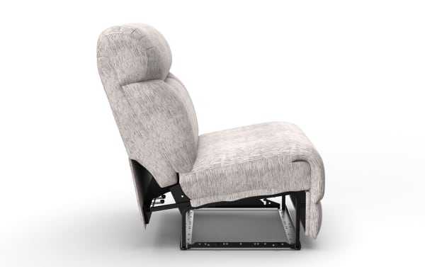 Modern light gray fabric recliner chair with cushioned backrest and seat, featuring a metal reclining mechanism and sturdy frame.