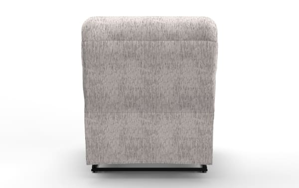 Gray fabric upholstered recliner chair shown from the back, featuring a soft textured material and cushioned design.