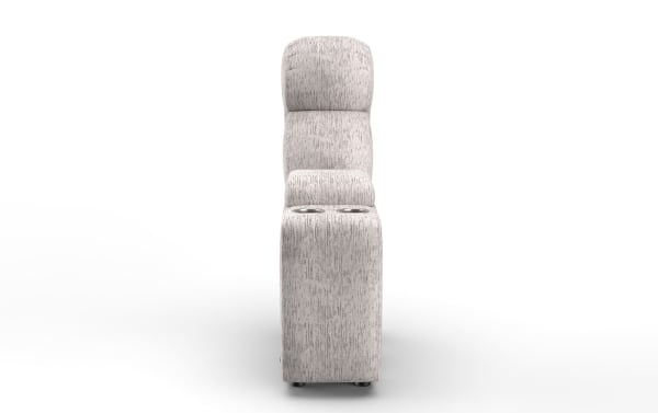 Upholstered reclining theater seat in light gray fabric with textured pattern, featuring padded headrest and built-in cup holders.