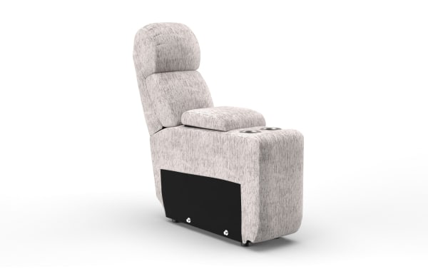 Light gray fabric reclining theater seat with cushioned backrest, armrest storage, and dual stainless steel cup holders.