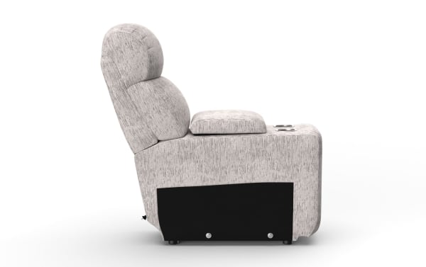 Light gray fabric recliner chair with cushioned backrest, armrest with built-in cup holders, and black base panel, designed for home theater comfort.