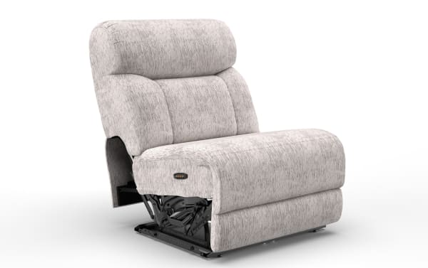 Light gray fabric upholstered recliner chair with plush cushioning and visible black metal reclining mechanism, designed for comfort and support.