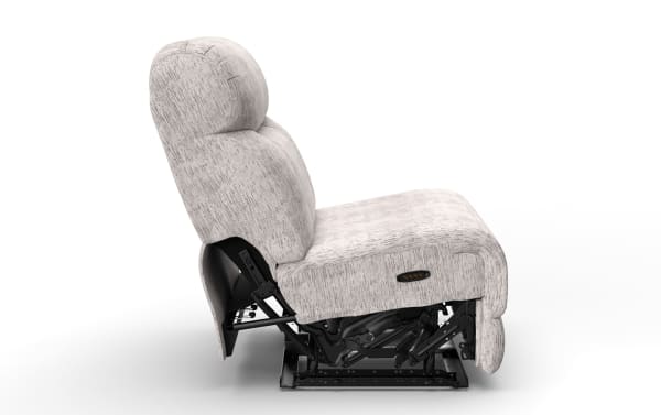 Light gray fabric recliner chair with cushioned backrest and seat, featuring a visible black metal reclining mechanism and side control panel.