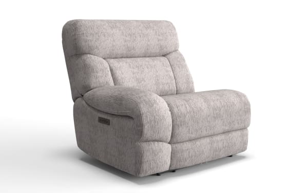 Everest Light Gray Left Arm Facing Power Recliner with Power Headrest, soft polyester fabric, transitional style, built-in USB ports, memory foam cushioning.