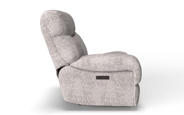 Everest Light Gray Left Arm Facing Power Recliner with Power Headrest in soft polyester fabric, transitional style, featuring memory foam cushioning and built-in USB ports.
