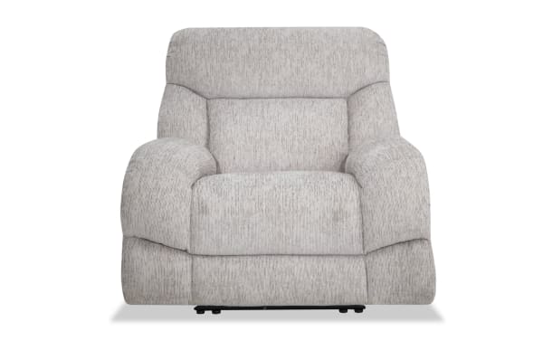 Everest Light Gray Power Recliner with Power Headrest, contemporary polyester fabric upholstery, plush cushioned arms, and USB charging ports in power buttons.