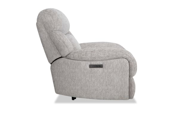 Everest Light Gray Power Recliner with Power Headrest in soft polyester fabric, featuring a contemporary design and built-in USB charging ports.