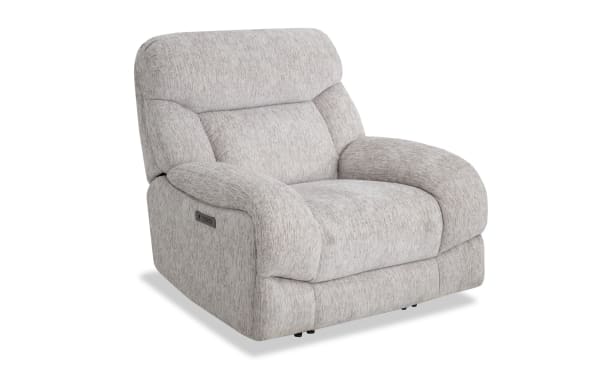 Everest Light Gray Power Recliner with Power Headrest in soft polyester fabric, contemporary style with plush cushioning and USB charging ports.
