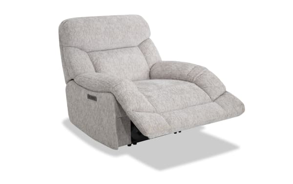 Everest Light Gray Power Recliner with Power Headrest in soft polyester fabric, contemporary style with plush cushioning and USB charging ports.