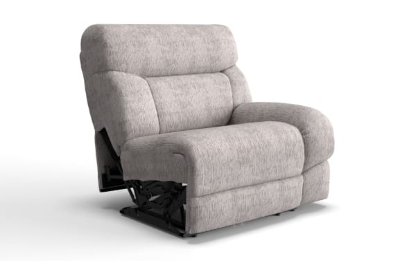 Everest Light Gray Right Arm Facing Power Recliner with Power Headrest in soft polyester fabric. Transitional style with plush cushioning, memory foam, and built-in USB ports for charging.