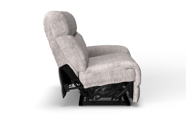 Everest Light Gray Right Arm Facing Power Recliner with power headrest, soft polyester fabric, transitional style, memory foam cushioning, USB ports.