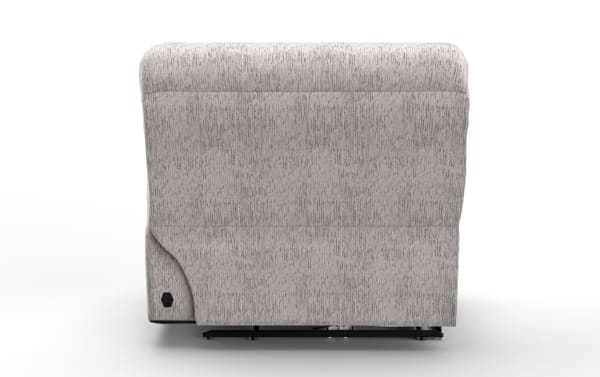 Light gray Everest transitional power recliner with right arm facing, soft polyester fabric, power headrest, and USB charging port.