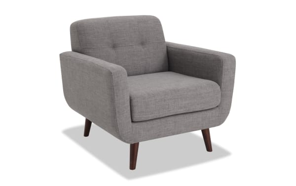 Bettie Gray Chair from the Bettie collection, mid-century modern style armchair in gray polyester fabric with tufted back, track arms, and wooden legs.