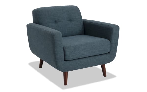 Bettie Teal Chair in mid-century modern style with teal polyester fabric, tufted back, track arms, and tapered wooden legs for stylish comfort.