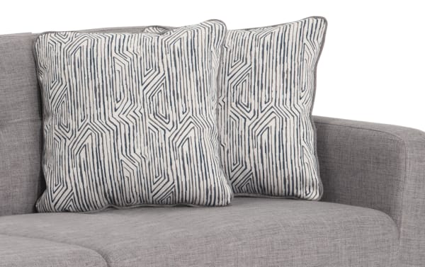 Mid-century modern Bettie Gray 65'' Loveseat in gray polyester fabric with geometric patterned accent pillows and track arms.
