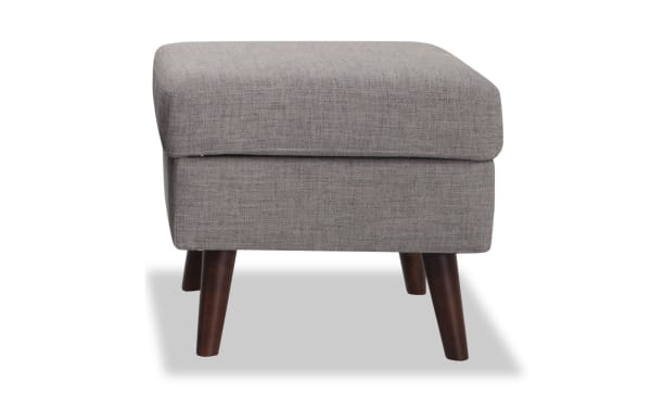 Bettie Gray Storage Ottoman in mid-century modern style, gray polyester fabric upholstery, tapered wooden legs, cushioned top with memory foam, hidden storage compartment.
