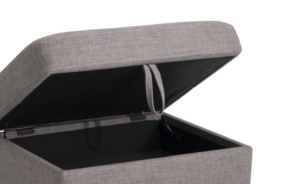 Bettie Gray Storage Ottoman with lift-up lid revealing storage space, mid-century modern gray polyester fabric upholstery with memory foam cushioning.