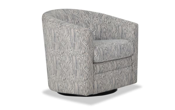Mid-century modern Bettie Teal Swivel Chair with white and blue geometric polyester fabric, slope arms, and memory foam cushion.