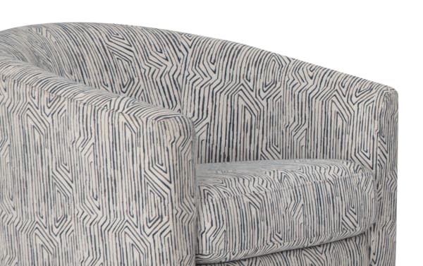 Bettie Teal Swivel Chair with white and blue geometric polyester fabric, mid-century modern style, slope arms, and memory foam cushioning for comfort and style.