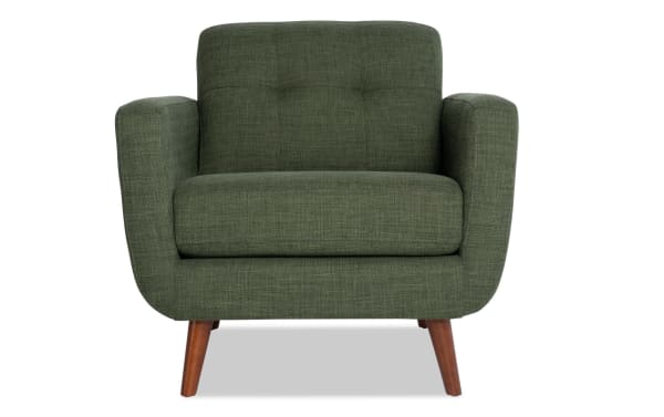Mid-century modern Bettie Avocado Chair in green polyester fabric with tufted back, track arms, and tapered wooden legs for stylish comfort.