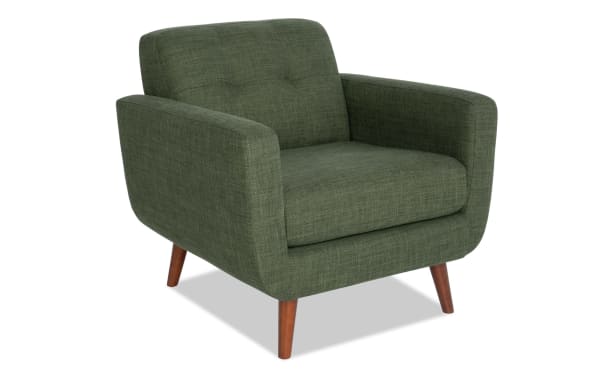 Bettie Avocado Chair in green polyester fabric, mid-century modern style with tufted back, track arms, and tapered wooden legs for stylish comfort.