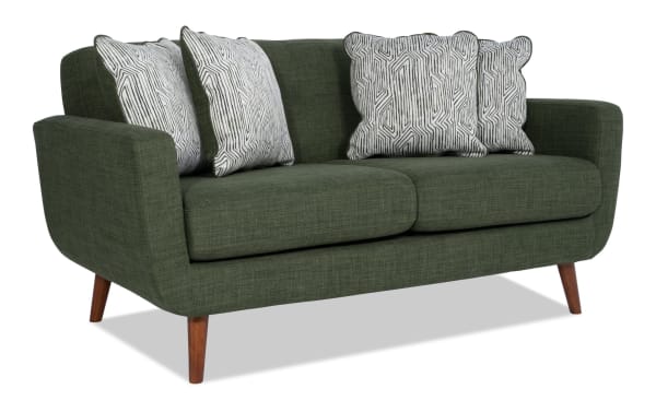 Bettie Avocado 65'' Loveseat in mid-century modern style with avocado green 100% polyester fabric, tufted seat back, track arms, wooden legs, and four patterned accent pillows.