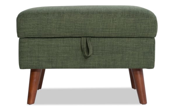 Bettie Avocado Storage Ottoman in mid-century modern style with avocado green polyester fabric, wooden legs, and memory foam cushion.