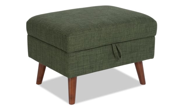 Bettie Avocado Storage Ottoman in mid-century modern style with avocado green polyester fabric, memory foam cushion, and wooden tapered legs.