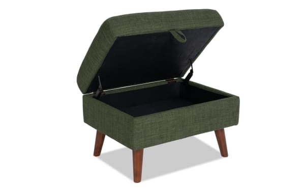 Bettie Avocado Storage Ottoman in mid-century modern style with avocado green polyester fabric, memory foam cushion, and lift-top storage compartment.