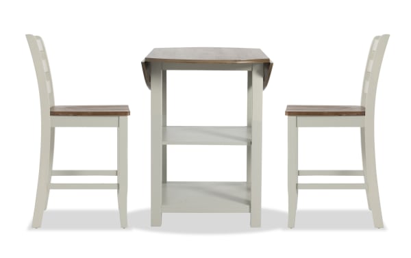 Sawyer 3 Piece Gray & Natural Drop Leaf Storage Counter Height Dining Set with MDF, transitional style, featuring a two-tone drop leaf table and two stools, ideal for small spaces and apartment living.