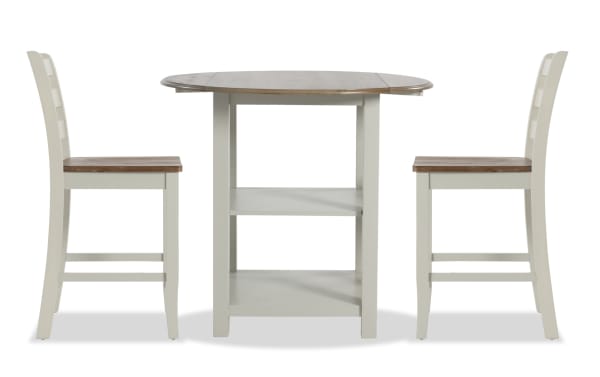 Sawyer 3 Piece Gray & Natural Drop Leaf Storage Counter Height Dining Set with MDF construction, transitional style, drop leaf table, two shelves, and two stools.