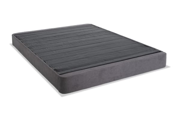 Universal Full Platform Base in dark gray upholstered fabric, sturdy low-profile bed frame with flat slatted support, designed for versatile use with or without legs.