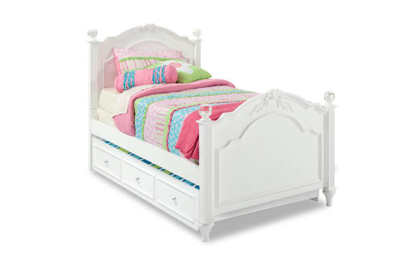 Madelyn Full White Panel Bed with Twin Trundle, glam style pine and poplar solids, heart and flower trim, faux crystal ball bedposts, white finish.