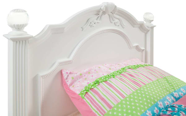 Madelyn Full White Panel Bed with Twin Trundle in glam style, crafted from pine and poplar solids, featuring heart and flower trim and faux crystal ball bedposts.
