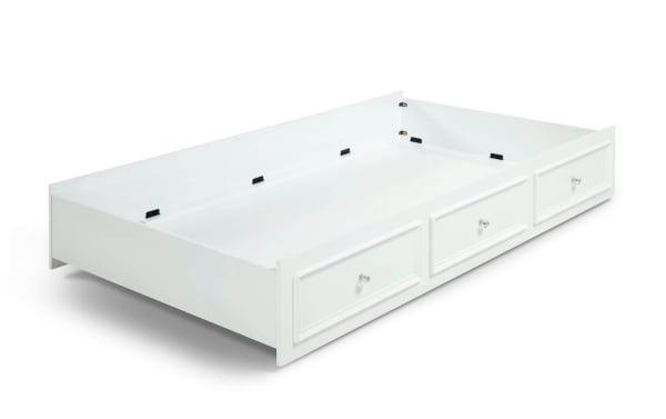 Madelyn Full White Panel Bed with Twin Trundle in glam style, made of pine and poplar solids, featuring heart and flower trim and crystal ball knobs.