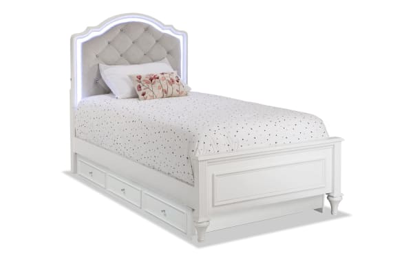 Madelyn Twin White & Silver Upholstered Panel Bed with Twin Trundle, glam style, gray polyester fabric, pine and poplar solids, tufted headboard with LED lighting and crystal accents.