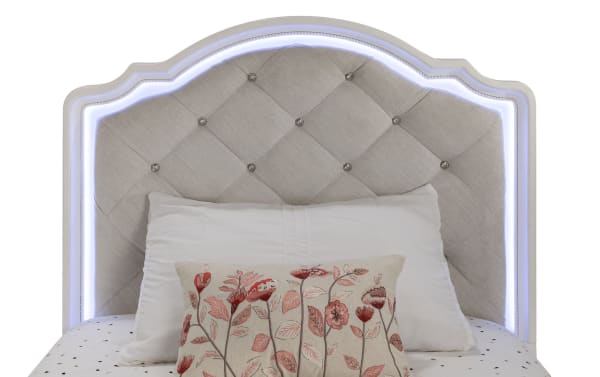Madelyn Full White & Silver Upholstered Panel Bed with gray polyester fabric, crystal tufting, accent lighting, and glam style pine frame.