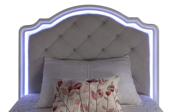 Madelyn Full White & Silver Upholstered Panel Bed with LED accent lighting, tufted faux crystal buttons, gray polyester fabric, glam style.
