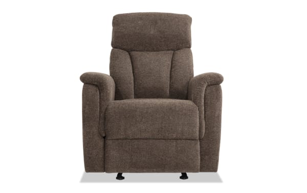 Brady Brown Manual Gliding Recliner in brown polyester fabric with plush cushioning and transitional style, featuring memory foam for comfort.