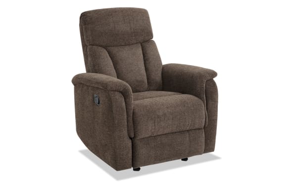 Brady Brown Manual Gliding Recliner in soft brown polyester fabric with plush cushioning, transitional style, and memory foam comfort.
