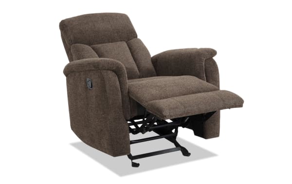 Brown Brady Brown Manual Gliding Recliner with soft polyester fabric upholstery, plush memory foam cushioning, and transitional style design.