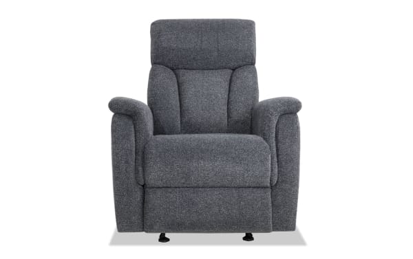 Brady Gray Manual Gliding Recliner in gray polyester fabric with plush cushioning, transitional style, and memory foam padding for comfort.