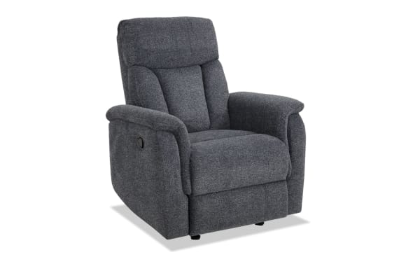 Brady Gray Manual Gliding Recliner in gray polyester fabric with plush cushioning, transitional style, and memory foam for comfortable relaxation.