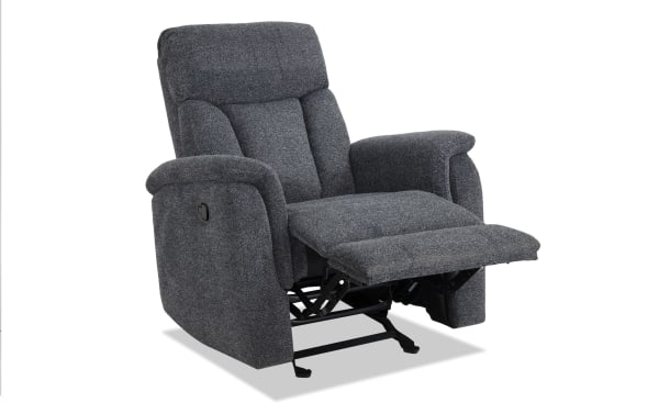 Brady Gray Manual Gliding Recliner in soft gray polyester fabric with plush cushioning, transitional style, and memory foam for comfort and relaxation.