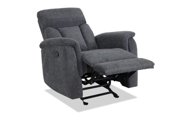Brady Gray Manual Gliding Recliner in soft gray polyester fabric with memory foam cushioning, transitional style, padded arms, and a manual reclining lever.