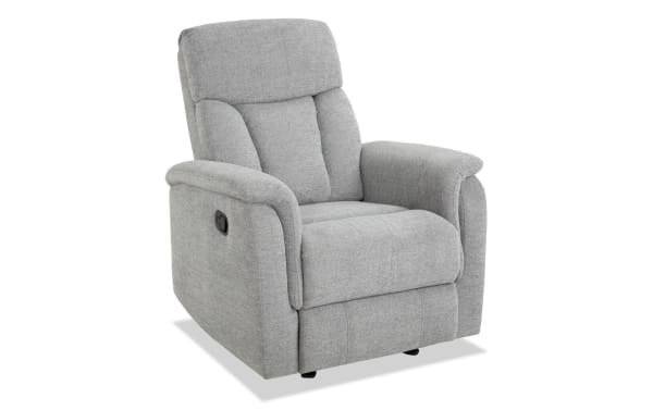 Brady Silver Manual Gliding Recliner in gray polyester fabric with plush cushioning, transitional style, and memory foam padding for comfort.
