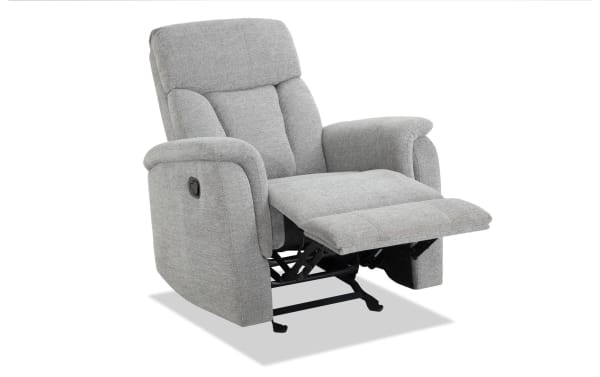 Transitional Brady Silver Manual Gliding Recliner in gray polyester fabric with plush cushioning and memory foam, featuring a manual lever and extended footrest for comfort.