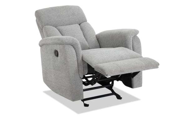 Brady Silver Manual Gliding Recliner in gray polyester fabric with plush cushioning and memory foam, featuring a transitional style and manual recline lever.