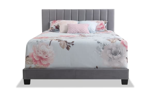 Aster Full Gray Panel Bed with vertical tufted headboard, thick side rails, and soft gray polyester fabric upholstery in transitional style.