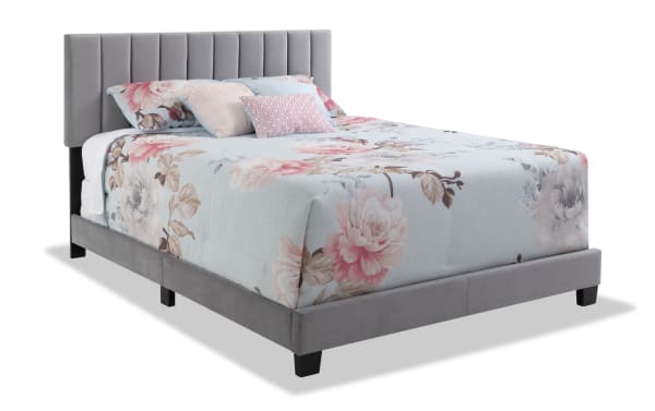 Aster Full Gray Panel Bed with vertical tufted headboard, thick side rails, and soft gray polyester fabric upholstery in transitional style.